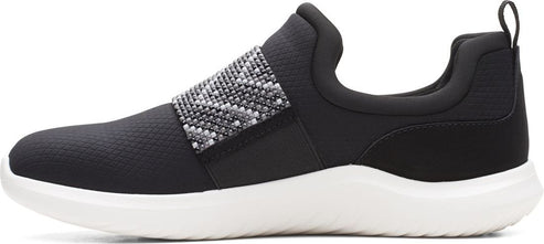 Black slip-on sneaker with a white sole and an elastic band with a beaded design.