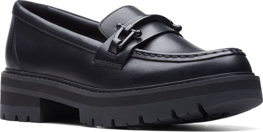 Black penny loafer with chunky lug sole.