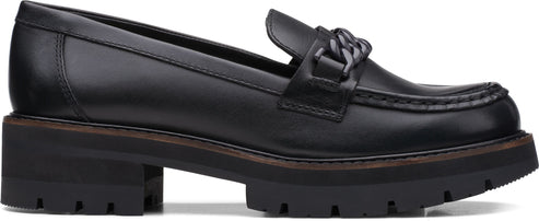 Black leather loafer with a chunky heel and chain detail.