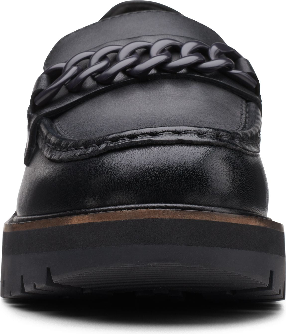 Black leather penny loafer with a thick decorative chain across the vamp and a substantial lug sole.