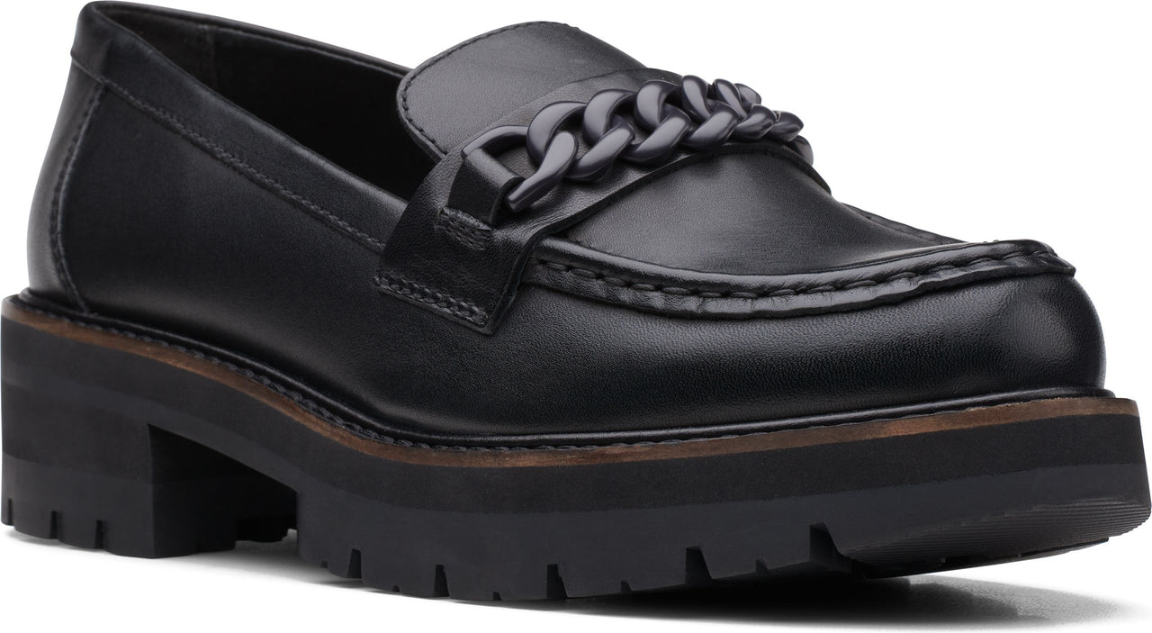 Black, chunky-soled leather loafer with chain detail.