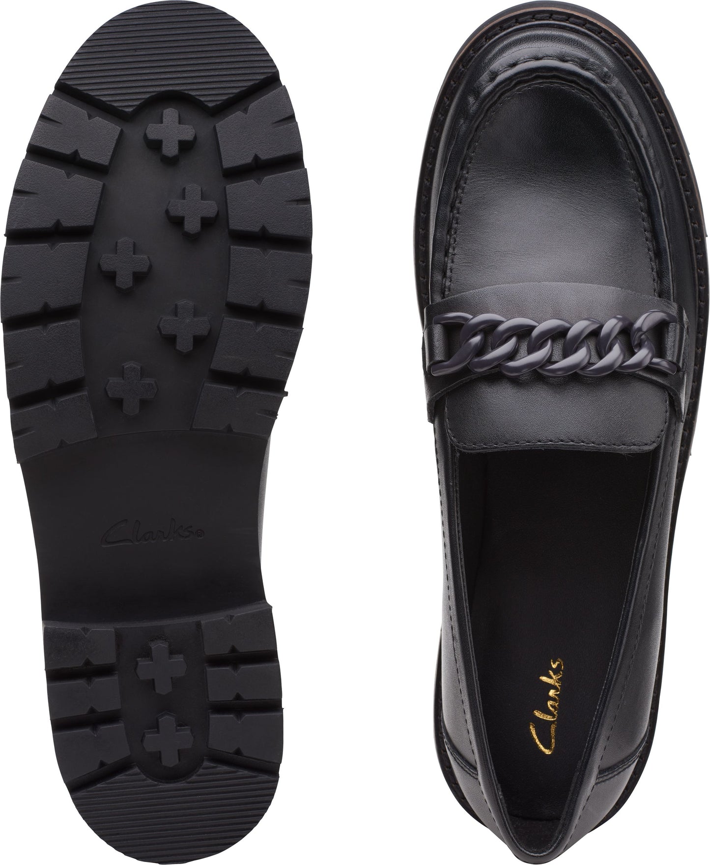 Black loafer with chain detail, view from sole and top.