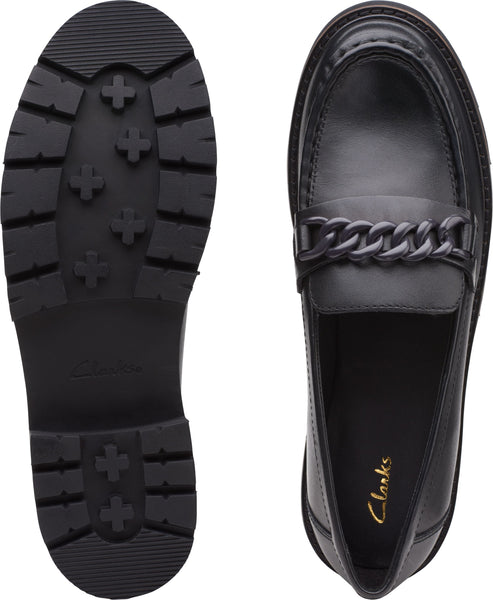 Black loafer with chain detail, view from sole and top.