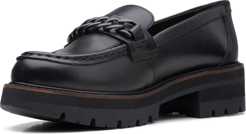Black leather penny loafer with braided strap and thick lug sole.
