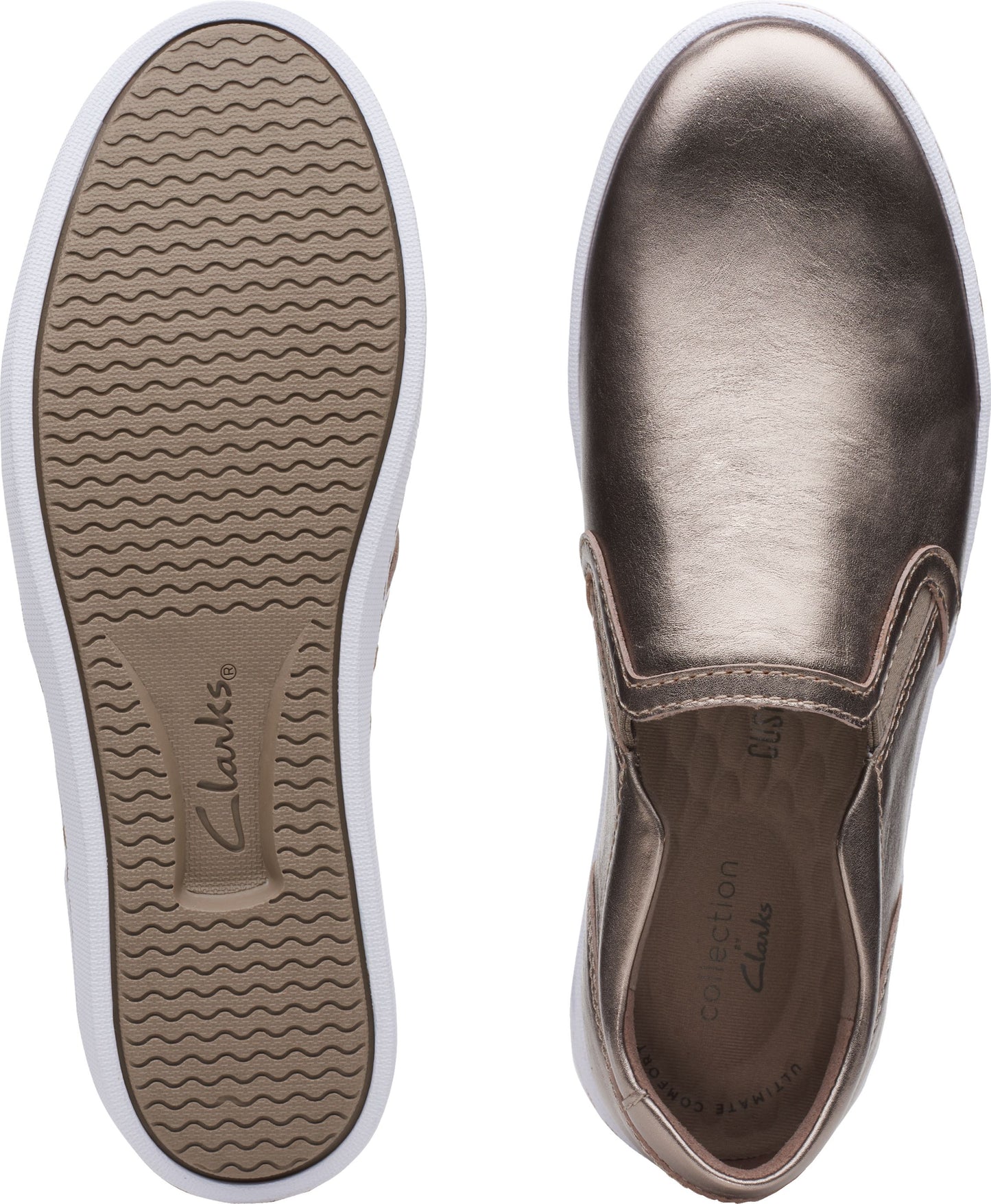 A pair of slip-on sneakers, one showing a tan ribbed sole and the other showing the shoe's metallic copper top.