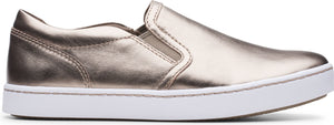 Metallic slip-on shoe with a white sole.