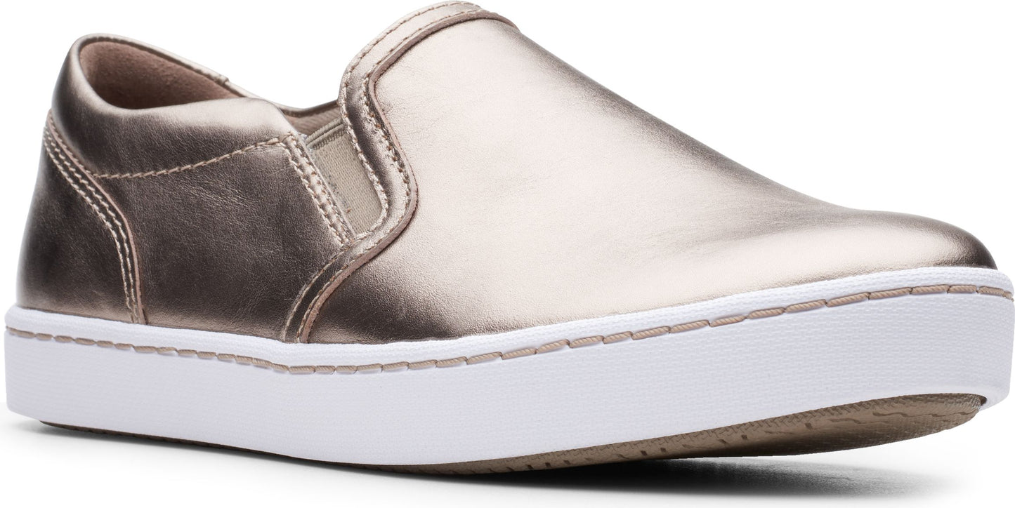Slip-on sneaker featuring a metallic upper and a white midsole.