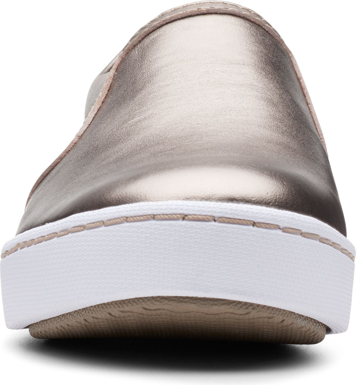 Slip-on mule with a metallic upper and a white platform sole.