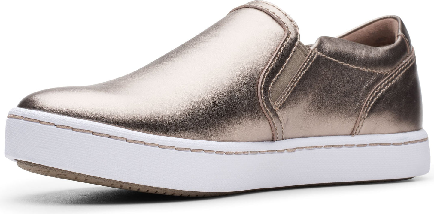 Metallic slip-on sneaker with a white sole.