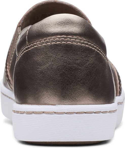 Metallic gold slip-on shoe with white sole, view from back.