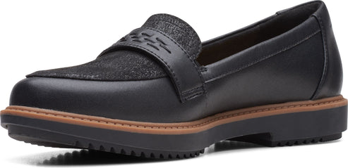 Black leather loafer with a thick sole and a textured band across the top.
