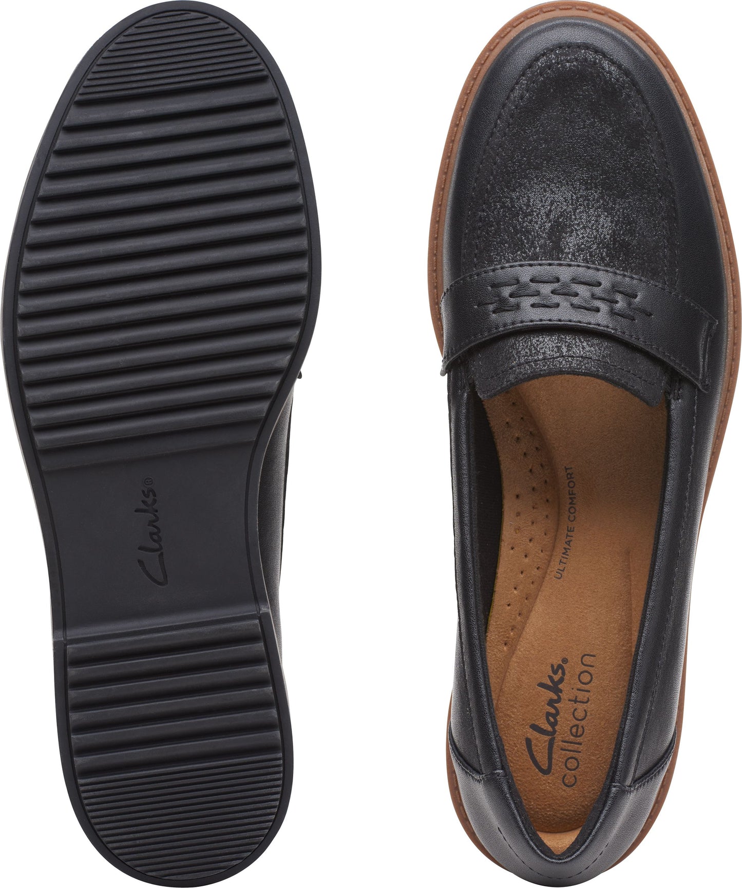 Black leather penny loafer shoe with a treaded black sole and "Clarks Collection" printed on the insole.