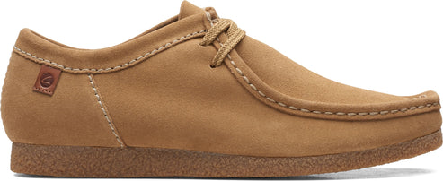 A low-cut, tan-colored moccasin-style shoe with a lace-up closure and a textured rubber sole.