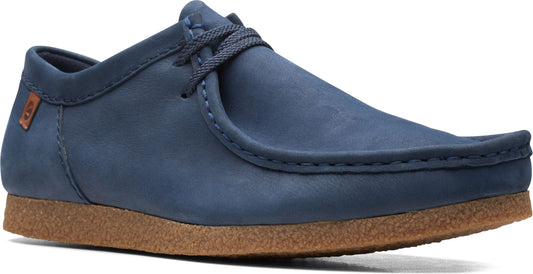 Low-cut navy leather shoe with rounded toe and brown sole.