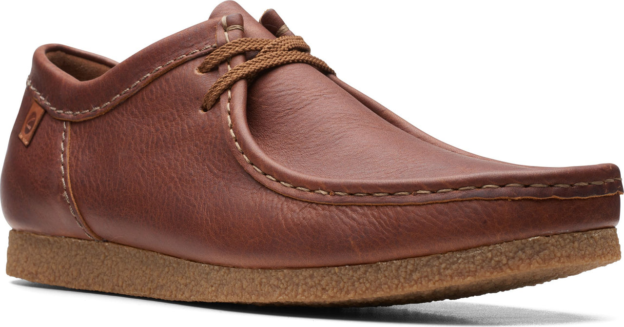 Brown leather moccasin shoe with tan laces and stitched detailing.