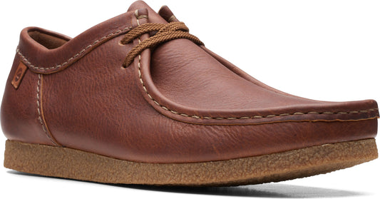 Brown leather moccasin shoe with tan laces and stitched detailing.