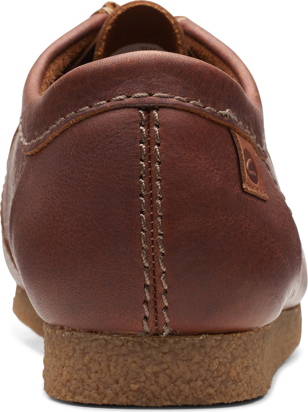 Rear view of brown leather casual shoe with visible stitch detail along the heel.