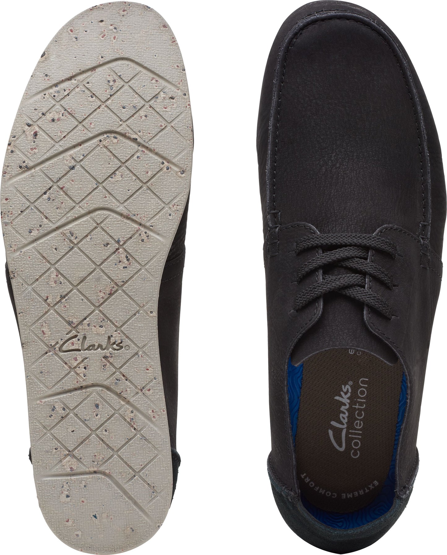 Pair of dark gray leather lace-up shoes; bottom view showing white sole.