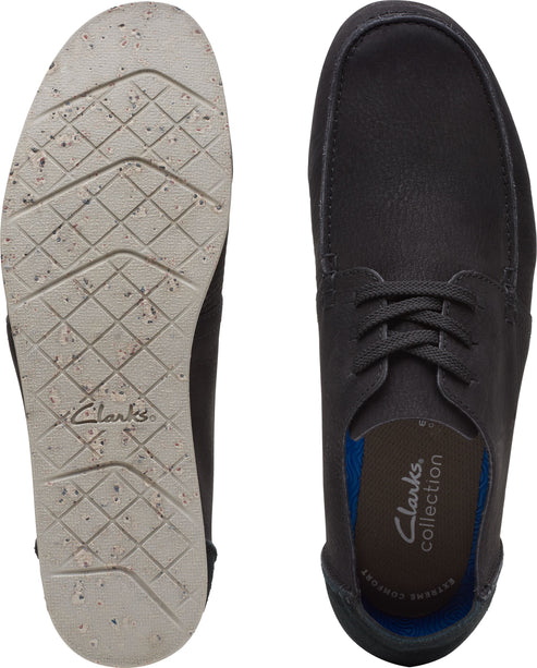 Pair of dark gray leather lace-up shoes; bottom view showing white sole.