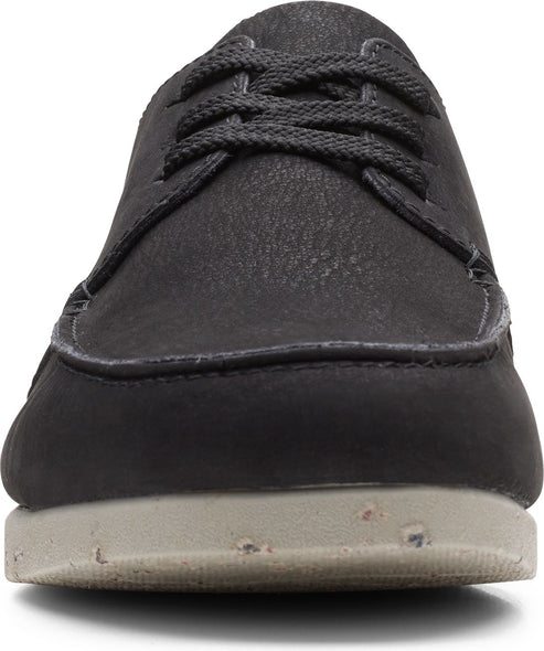 A charcoal boat shoe with grey laces and off-white sole.