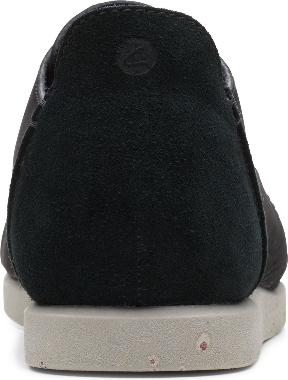 Back view of a black suede and leather slip-on shoe with a grey sole.