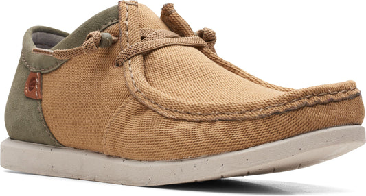 Canvas moccasin-style shoe with olive green accent and lace-up closure.