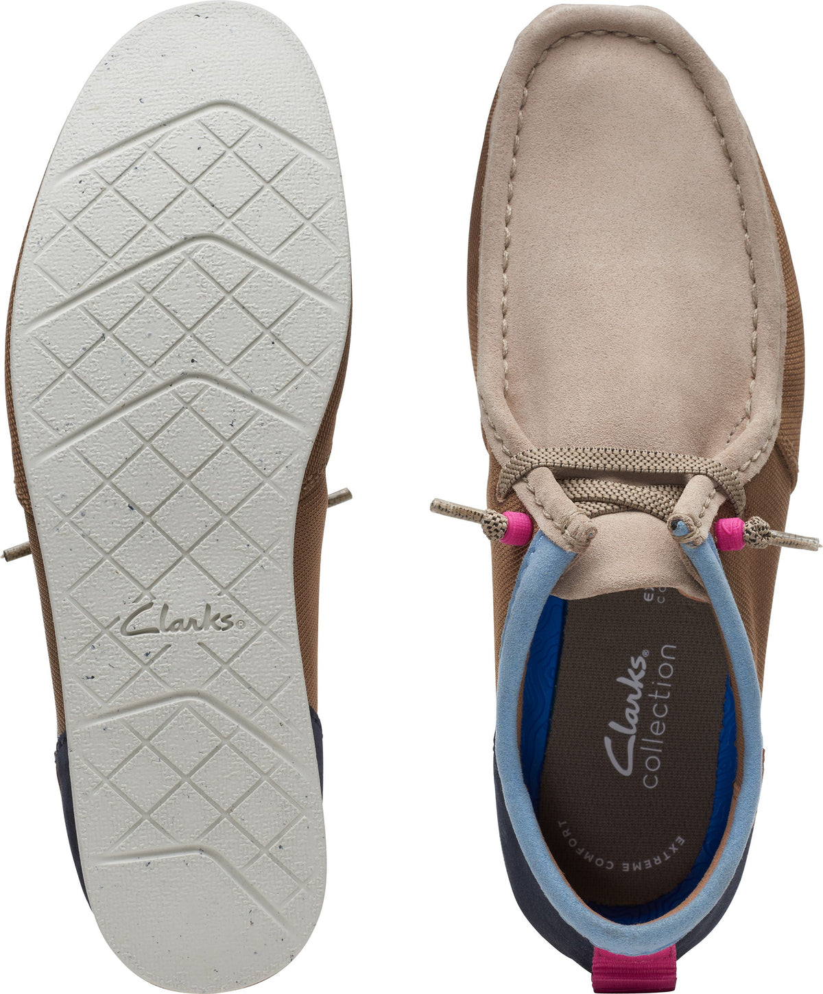 Two views of a suede moccasin shoe with a tan toe, brown sides, blue and pink accents, and white sole.