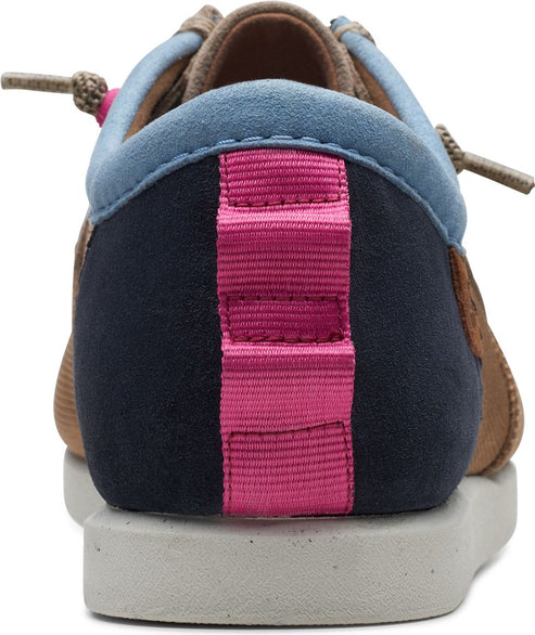 Back view of a tan suede shoe with a pink strap on a blue and navy heel.