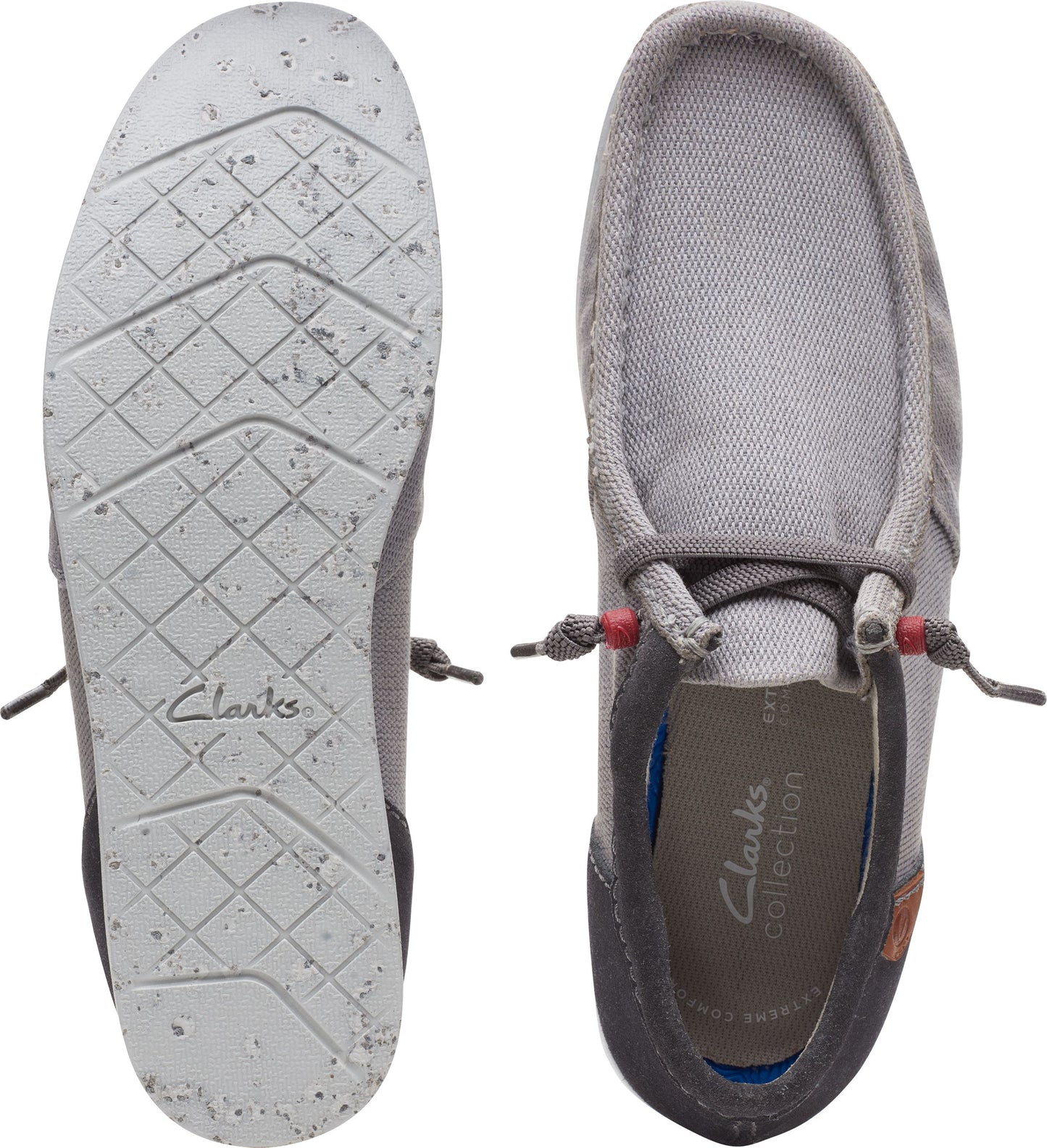 Top-down view of casual gray shoes, canvas upper, moc-toe, rubber sole, gray insole with 'Clarks collection' branding.
