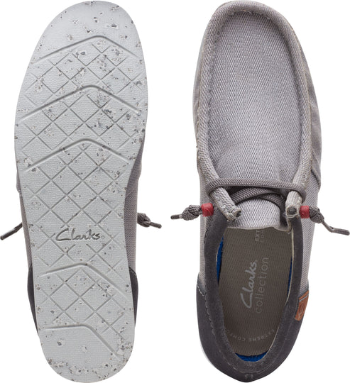Top-down view of casual gray shoes, canvas upper, moc-toe, rubber sole, gray insole with 'Clarks collection' branding.