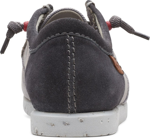 Back view of gray casual shoe with suede accents and toggle laces.