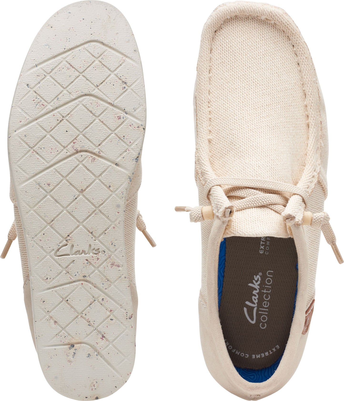 Beige moccasins with laces, showing sole with geometric pattern and interior with brand logo.