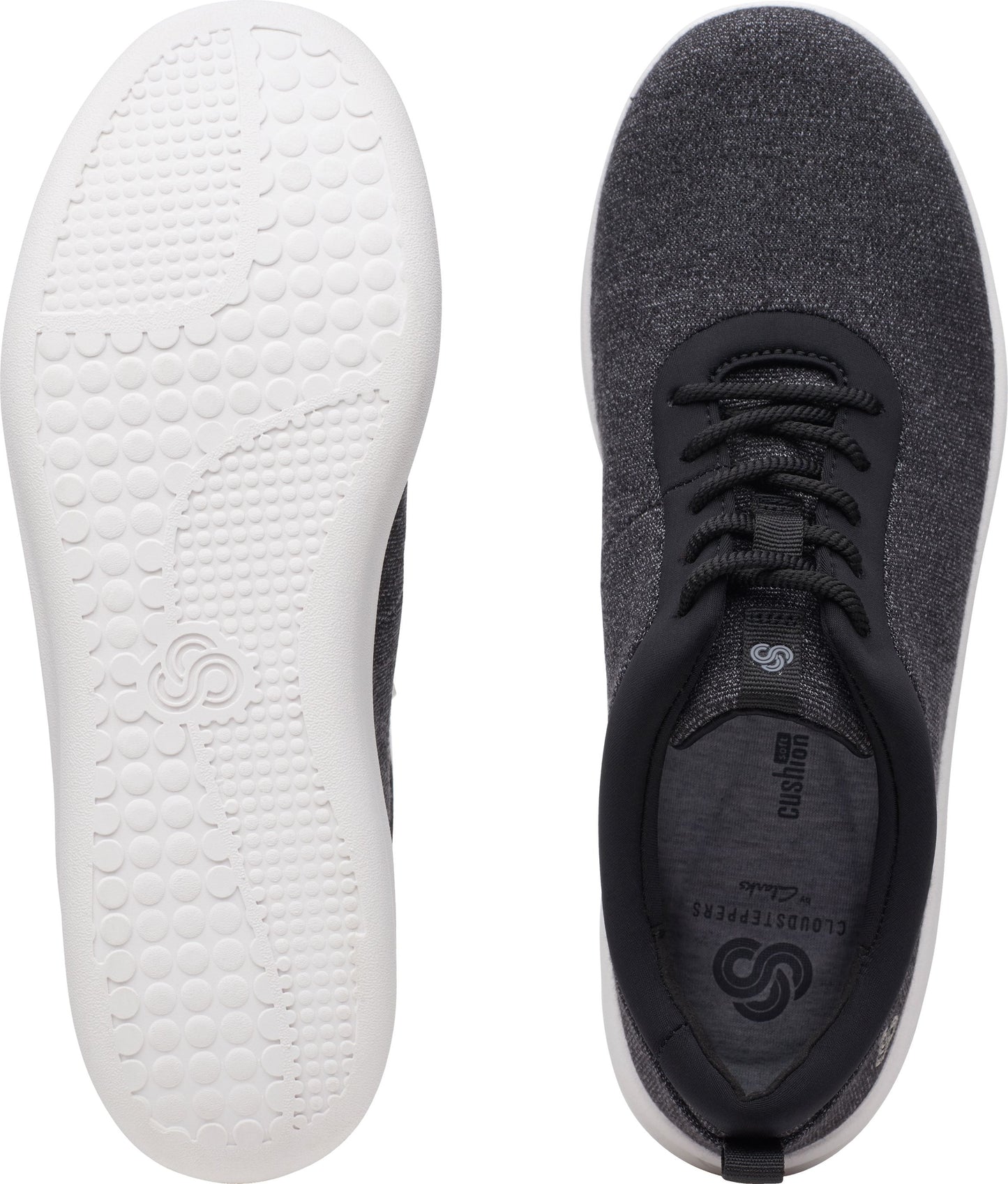 Two shoes, sole up and top view. The sole is white with small indentations. The top of the shoe is dark grey with black laces, a black collar and a white midsole.