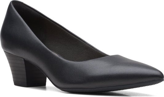 Black leather women's high heel dress shoe with a tapered toe and a stacked heel.