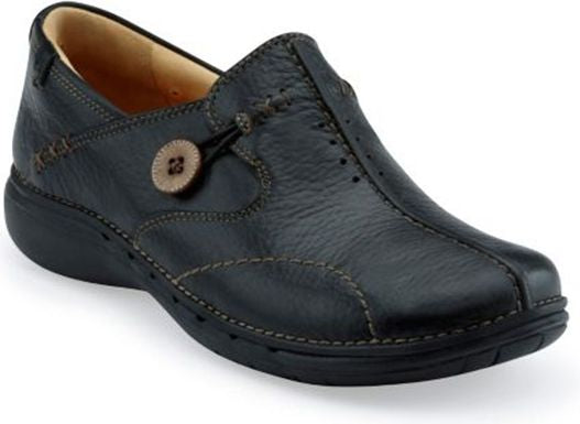 Black leather slip-on shoe with round decorative button.