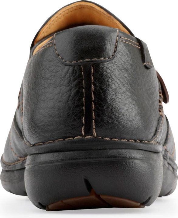 Back view of a black leather clog with brown stitching.