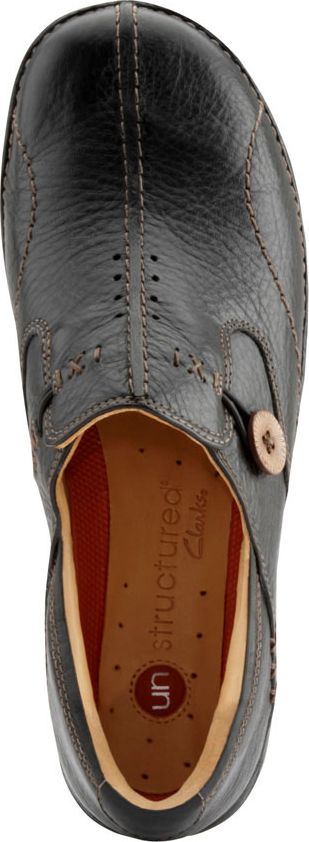 A black leather clog featuring decorative stitching and a button detail.