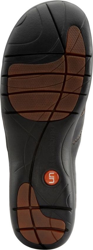 The sole of a shoe with a brown tread and a black base.