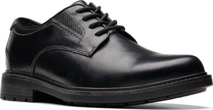 A black leather dress shoe with a lace-up closure and a low heel.