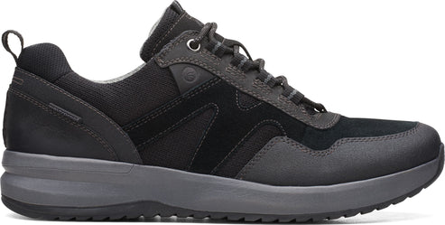 Black athletic shoe with dark gray sole, laces, and pull tab.