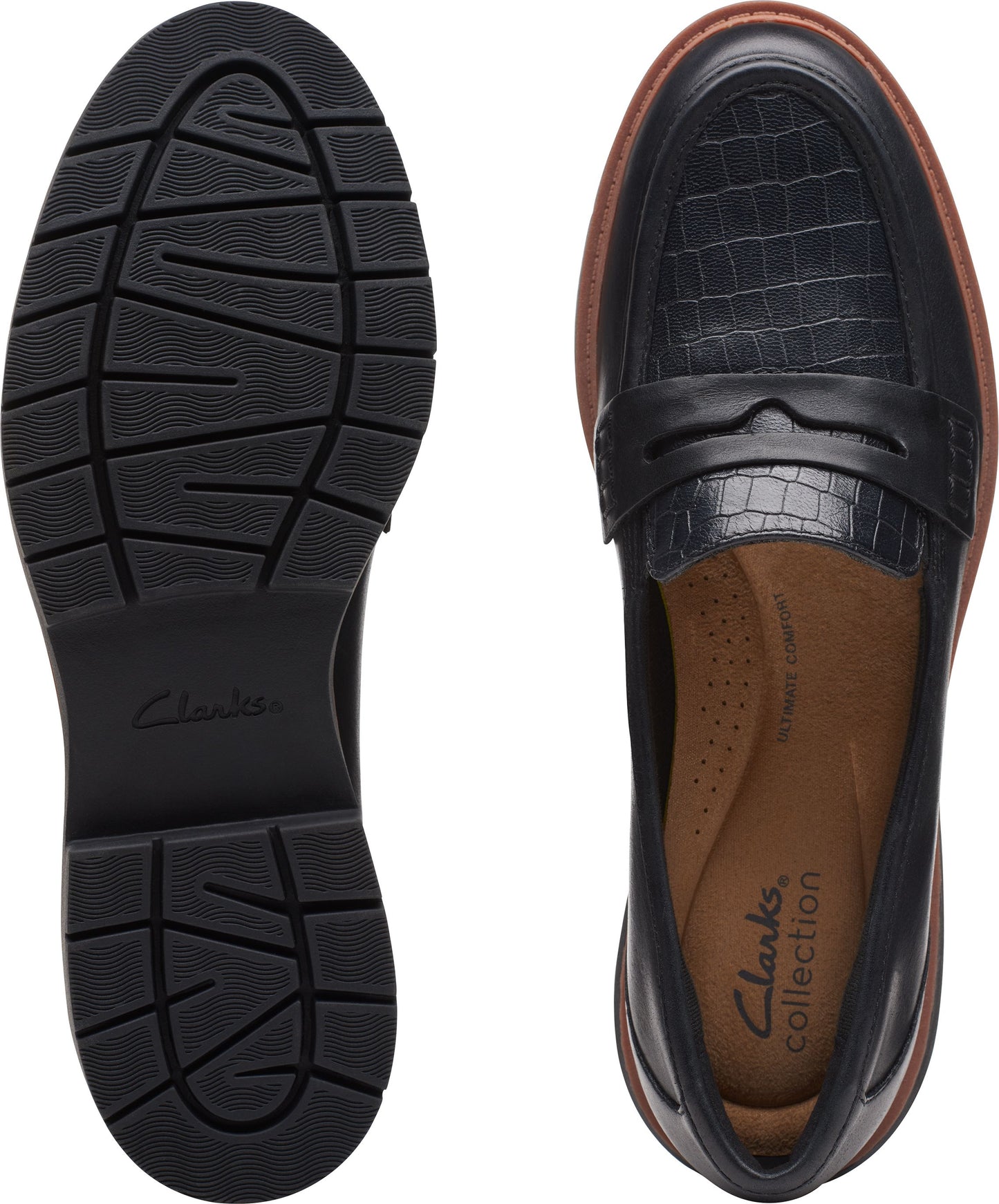 A pair of black leather loafers, one showing the treaded sole and the other showing the top with a crocodile print detail.
