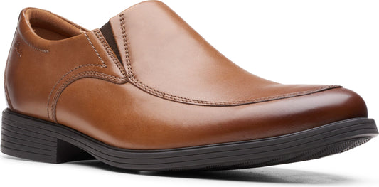 A shiny brown slip-on dress shoe with a dark sole.