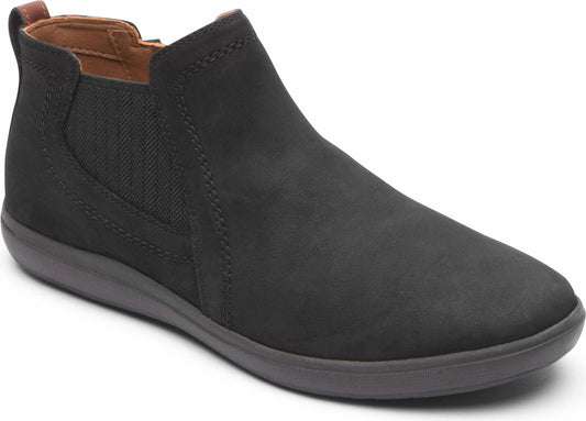 Black ankle boot with elastic side panels.