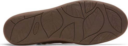 The bottom of a brown shoe with a leaf pattern.