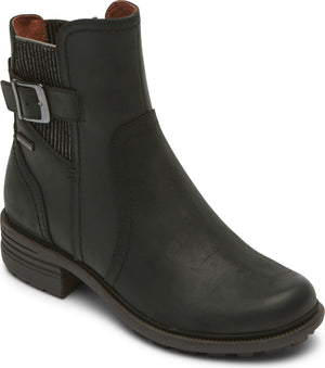 Black leather ankle boot with side buckle.
