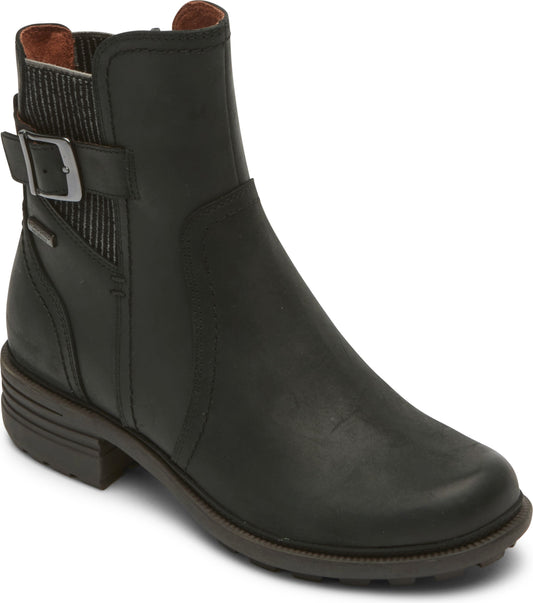 Black leather ankle boot with side buckle.