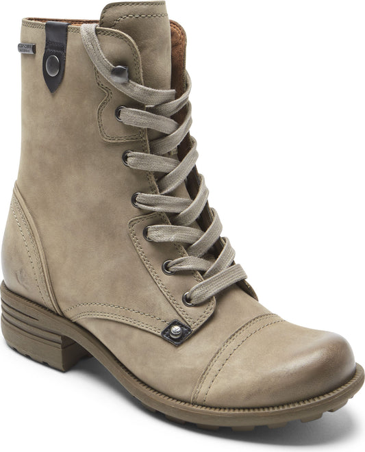 Beige leather, lace-up ankle boot.
