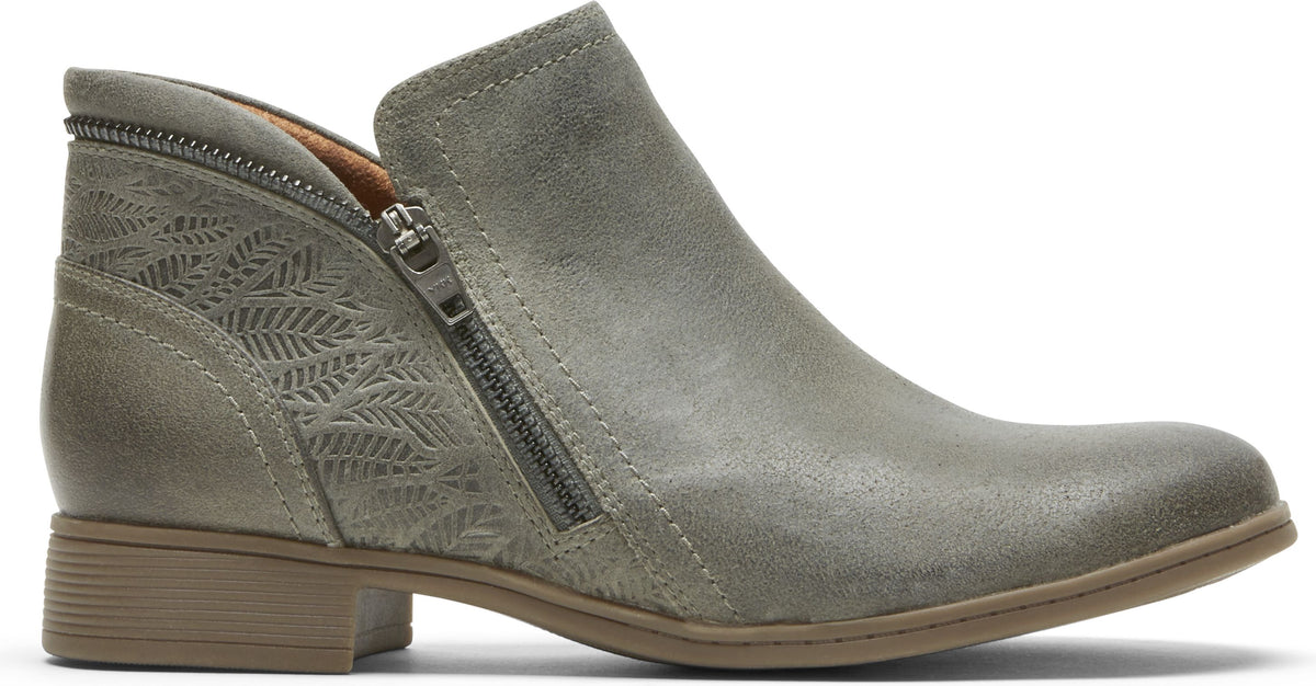 Side-zip gray ankle boot with leaf design.