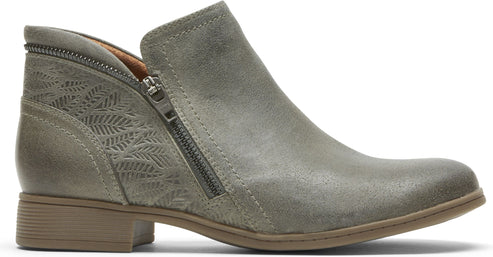 Side-zip gray ankle boot with leaf design.