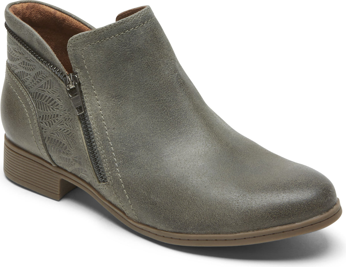 Gray ankle boot with side zipper and leaf pattern on the heel.
